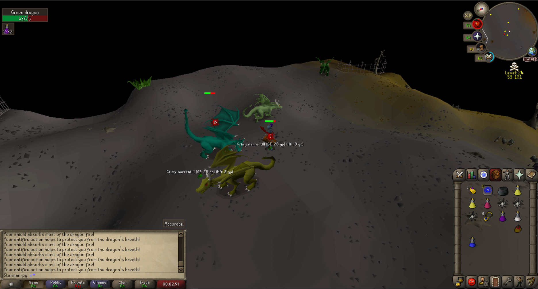 There are a lot of green dragons north of the Graveyard of Shadows but PKers love coming here. 